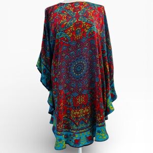 Tolani Red Turquoise Silk Boho Printed Caftan Tunic Top Blouse M